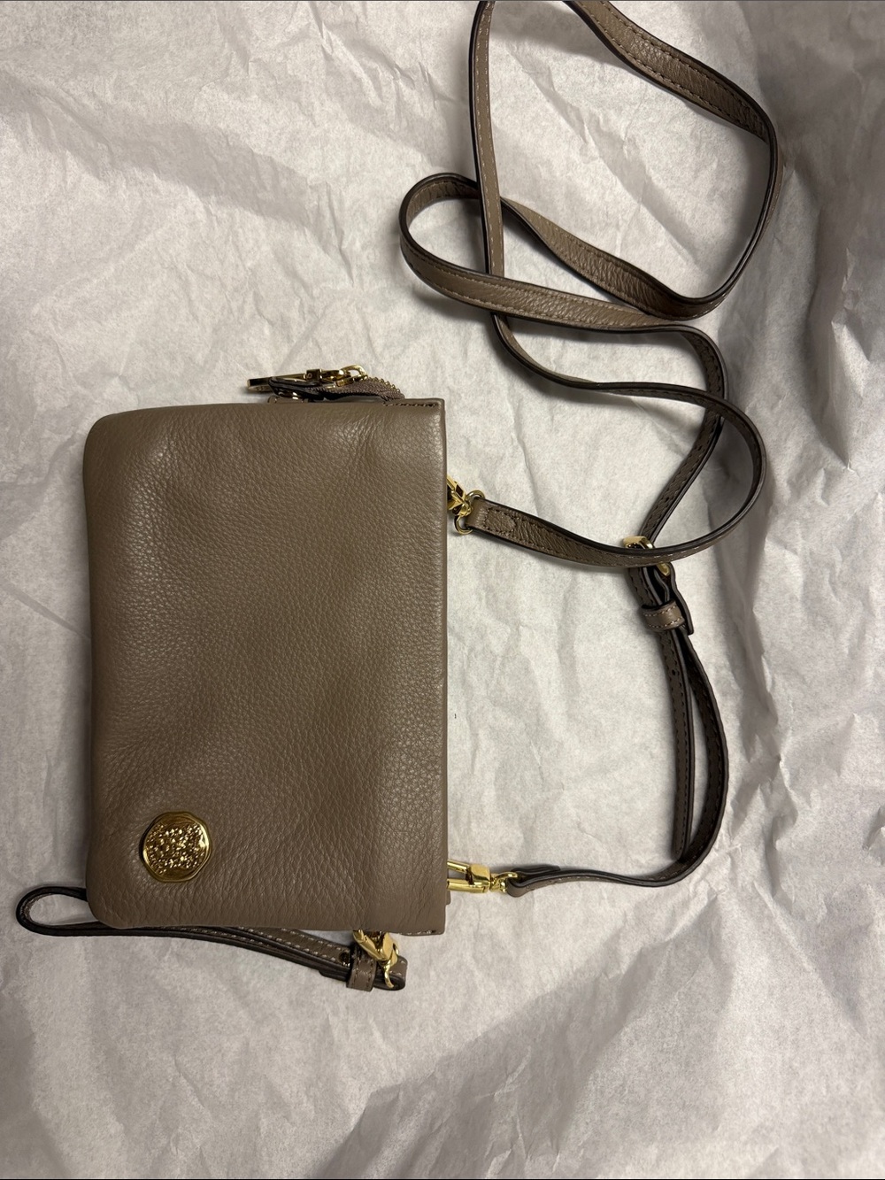 Vince Camuto Taupe Pebbled Leather Crossbody with Gold Medallion